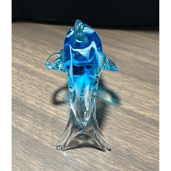 Hand Blown Glass Dolphin Figurine Blue & Clear Glass - Picture 3 of 10